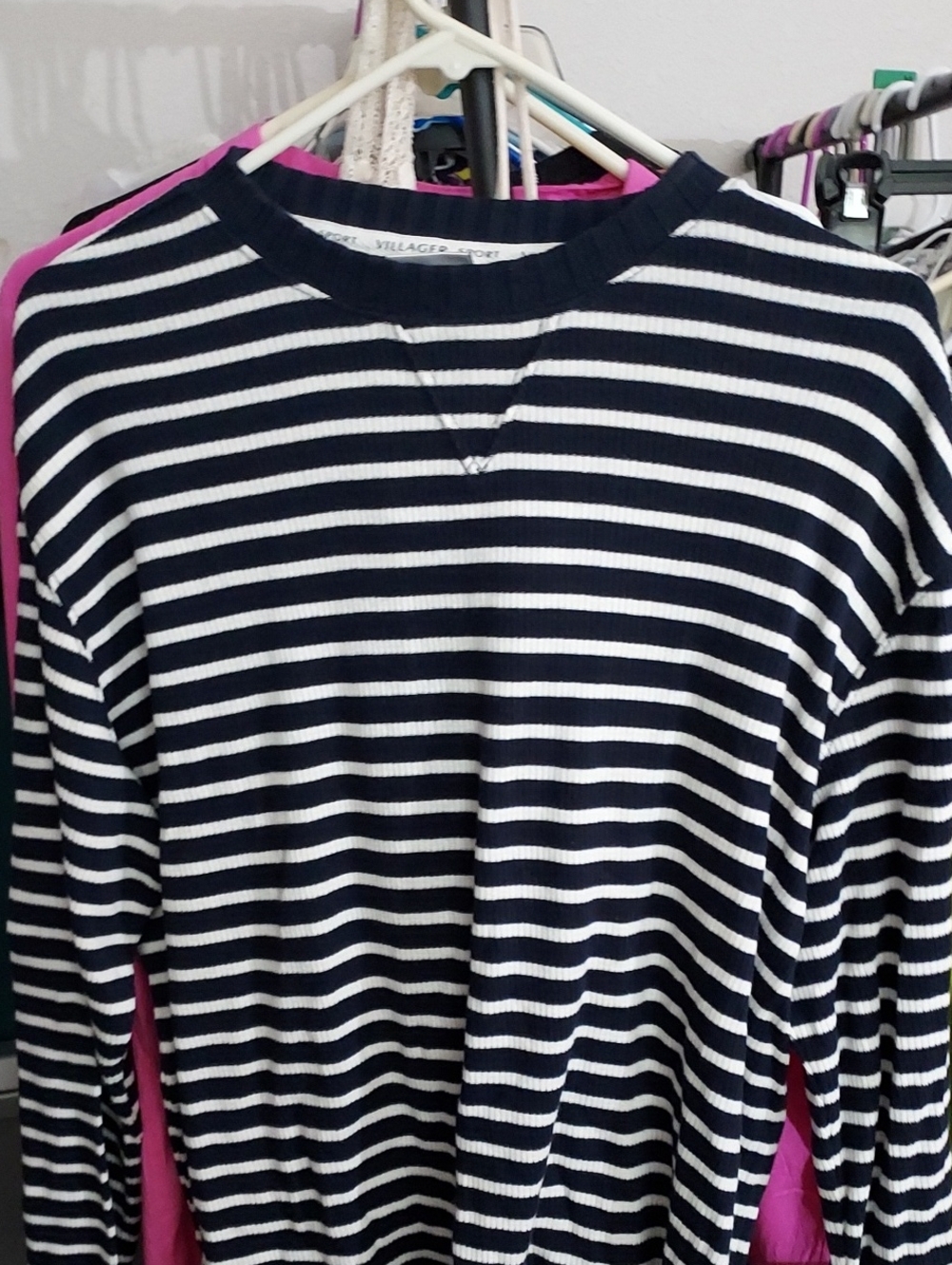 villager Navy and White Striped Crewneck Sweater